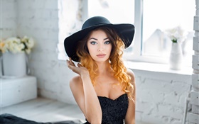 Blue eyes girl, curly hair, hat, window HD wallpaper