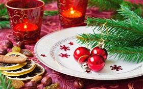 Christmas theme, holiday, candles, balls, nuts HD wallpaper