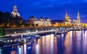 City, river, yachts, houses, night, lights, Dresden, Germany