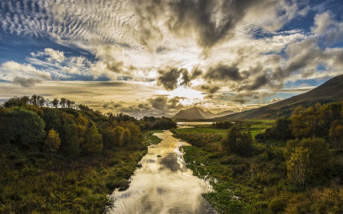 Dusk, clouds, mountains, trees, river Wallpapers Pictures Photos Images