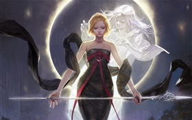 Fantasy girl, sadness, art drawing, spear, moon HD wallpaper