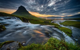 Iceland, mountain, waterfall, clouds, sunset HD wallpaper