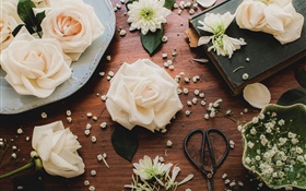 Light pink rose flowers, table, scissors HD wallpaper