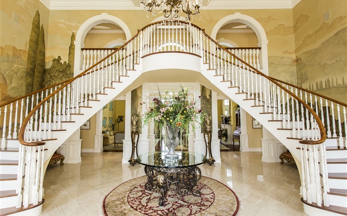 Luxury hall, ladder, flowers, room Wallpapers Pictures Photos Images