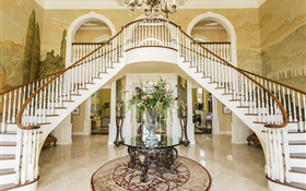 Luxury hall, ladder, flowers, room HD wallpaper