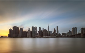 Manhattan, city at dusk, water reflection, USA HD wallpaper
