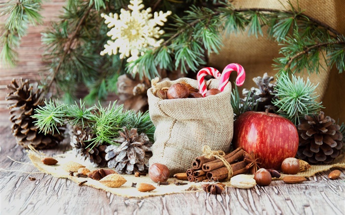 Merry Christmas, bag, candy, apple, nuts Wallpapers Pictures Photos Images