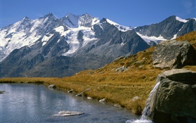 Mountains, lake, grass HD wallpaper