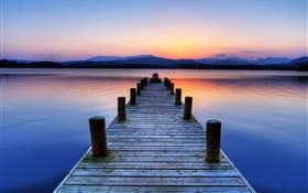 Pier, river, sunset, dusk HD wallpaper