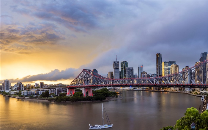Queensland, Chinatown, Australia, river, bridge, dawn, buildings Wallpapers Pictures Photos Images