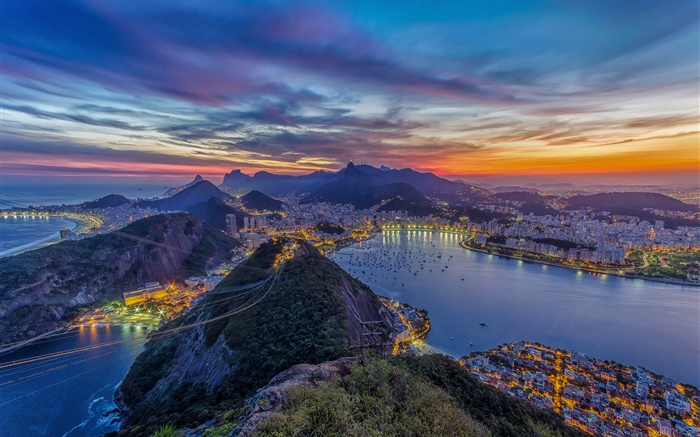 Rio de Janeiro, cable car, mountains, city, coast, night, lights Wallpapers Pictures Photos Images