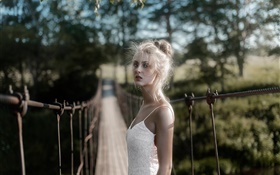 White dress blonde girl at bridge HD wallpaper