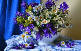 White yellow blue flowers, vase HD wallpaper