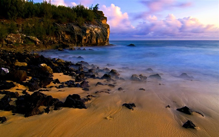 Beach, coast, stones, sunset, sea Wallpapers Pictures Photos Images