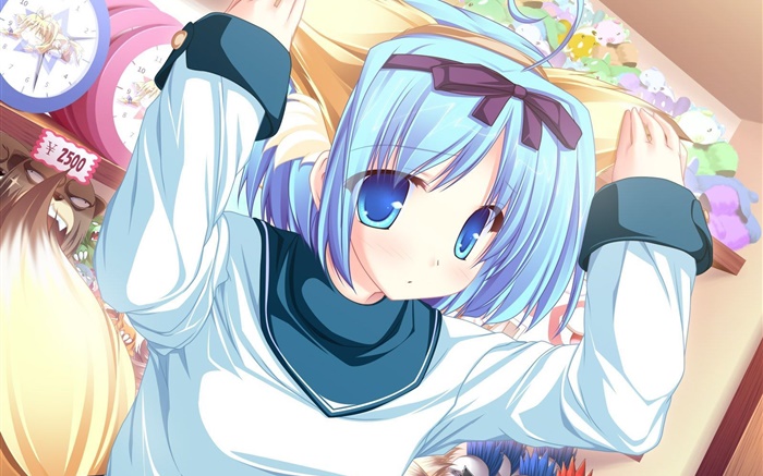 Blue hair anime girl in shop Wallpapers Pictures Photos Images