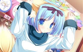 Blue hair anime girl in shop
