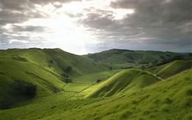 Mountains, green, grass, field, clouds, sunshine HD wallpaper