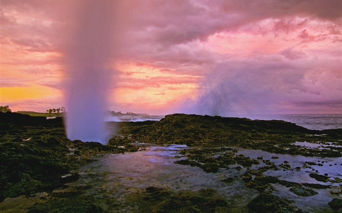 Sunset, clouds, steam, grass Wallpapers Pictures Photos Images