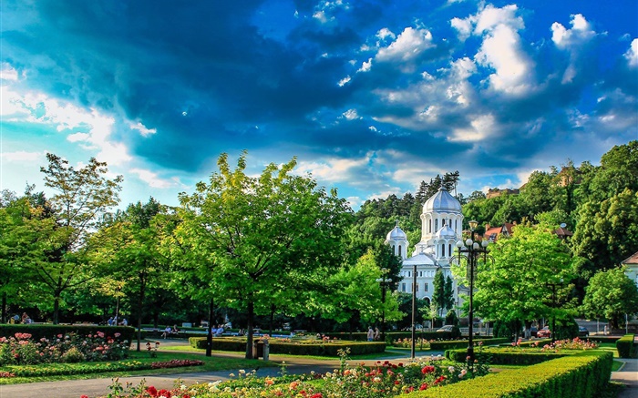 Botanical Garden, Romania, trees, houses, clouds Wallpapers Pictures Photos Images