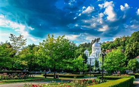 Botanical Garden, Romania, trees, houses, clouds HD wallpaper