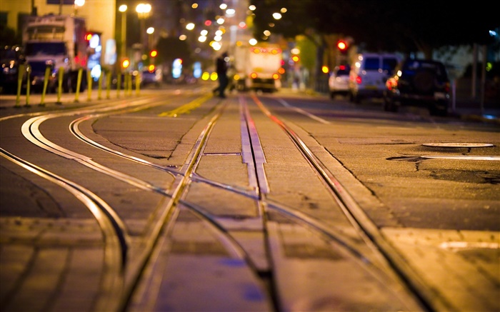 City night, street, rails Wallpapers Pictures Photos Images