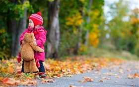 Cute baby and teddy bear in autumn HD wallpaper