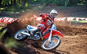 Honda motorcycle, racing, red dress rider HD wallpaper