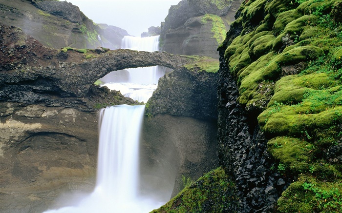 Waterfall, mountain, moss Wallpapers Pictures Photos Images