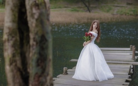 Asian girl, bride, bridge, rose HD wallpaper