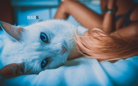 Cat and girl, bed HD wallpaper