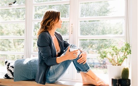 Girl sit at window side, flowers HD wallpaper