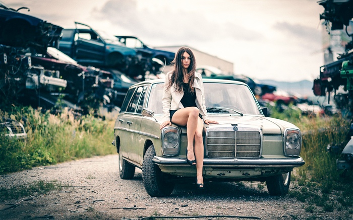 Girl sit on car front Wallpapers Pictures Photos Images