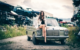 Girl sit on car front HD wallpaper