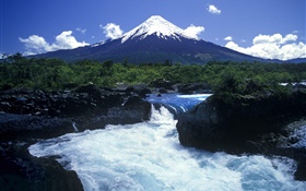 Mountain, river, blue sky HD wallpaper