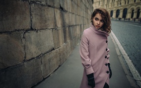 Pink clothing girl, city, street HD wallpaper