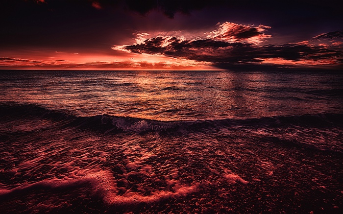 Sea, sunset, evening, red style Wallpapers Pictures Photos Images