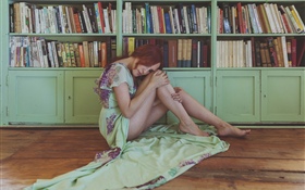 Sexy girl, sit on floor, books HD wallpaper