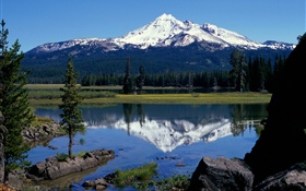 Snowy mountain, lake, trees, stones HD wallpaper