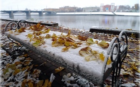 Winter, bench, river, snow HD wallpaper