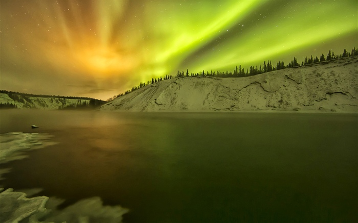 Alaska, Northern lights, lake, snow, winter Wallpapers Pictures Photos Images