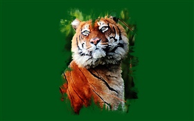 Art painting, tiger, green background HD wallpaper