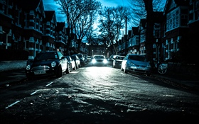 City, night, cars, trees, houses