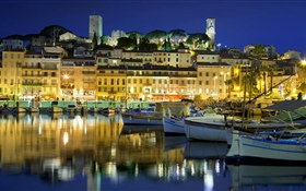 France, Cannes, city, houses, river, boat, lights, night HD wallpaper