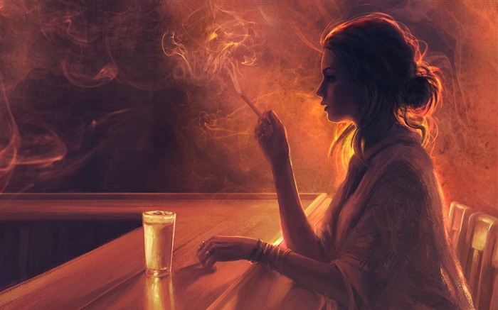 Girl in the bar, cigarette, smoke Wallpapers Pictures Photos Images