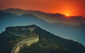 Great Wall, mountains, sunset, dusk HD wallpaper