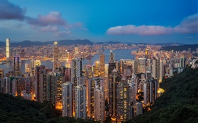 Hong Kong, night, skyscrapers, lights