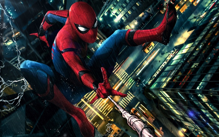 Spider-man, rain, city, art picture Wallpapers Pictures Photos Images