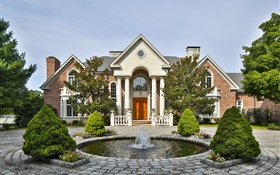 Villa, fountain, house, trees HD wallpaper
