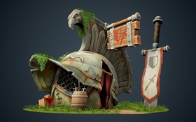 Fantasy, armor, house, sword, creative HD wallpaper