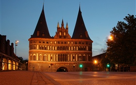 Germany, Holstentor, Lubeck, castle, night, lights HD wallpaper